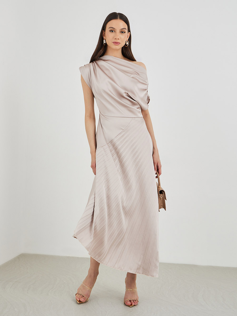 Elegant Asymmetric Pleated Midi Dress