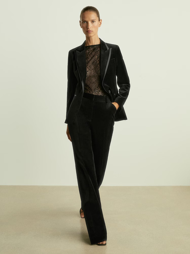 Midnight Grace Velvet Flared Trousers – Black